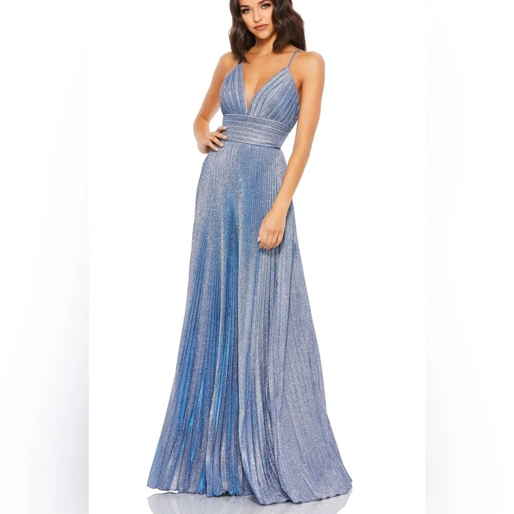 Mac DUGGAL Pleated Empire-Waist Long A-Line Dress 30725 Blue/Silver - Picture 3 of 14
